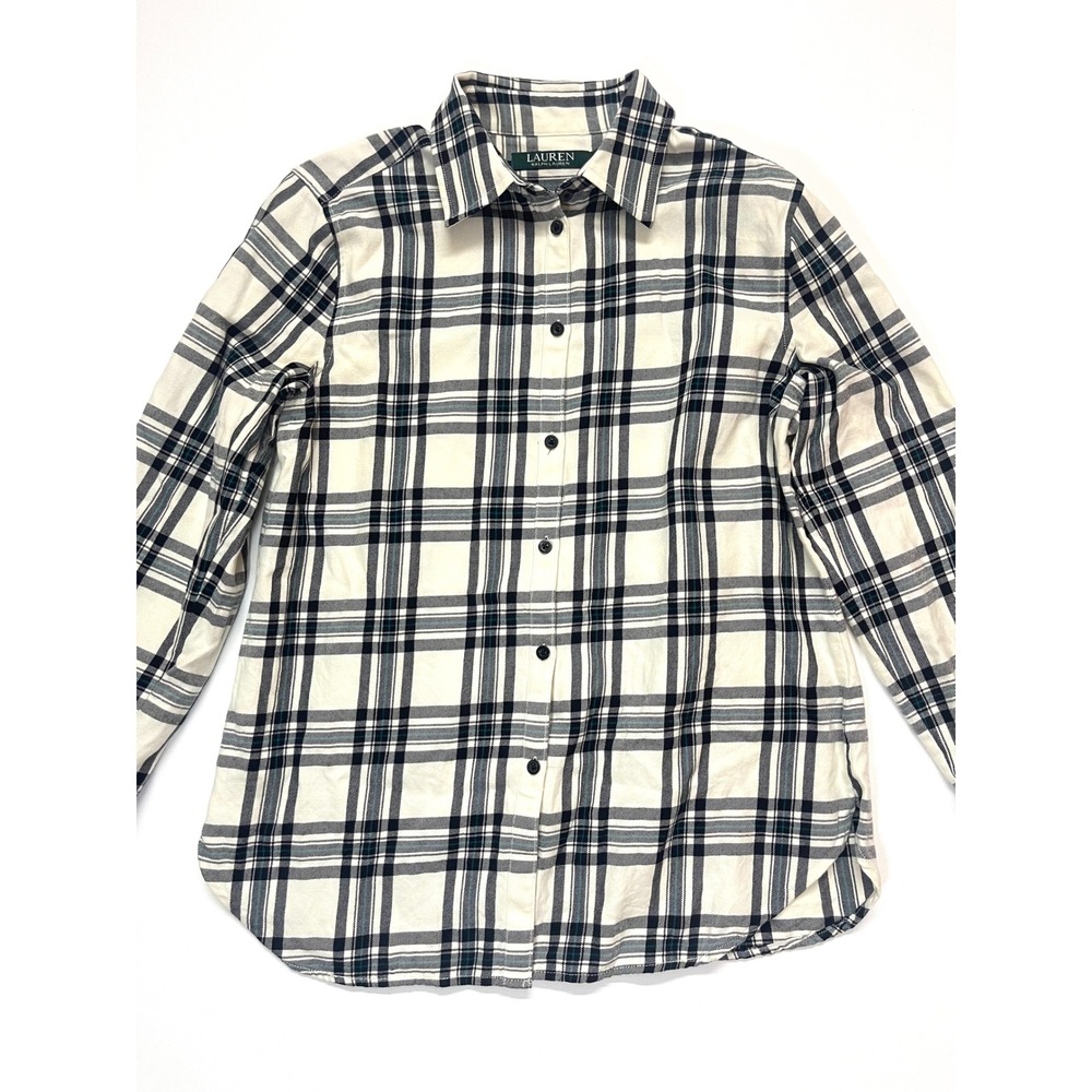 Lauren Ralph Lauren Womens Petite XS Plaid Cotton Button Down Shirt Cream Navy - Picture 5 of 13